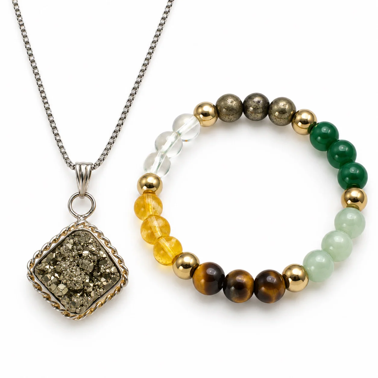 Pyrite, Citrine, Tiger Eye & Jade Bracelet with Raw Pyrite Pendant 2