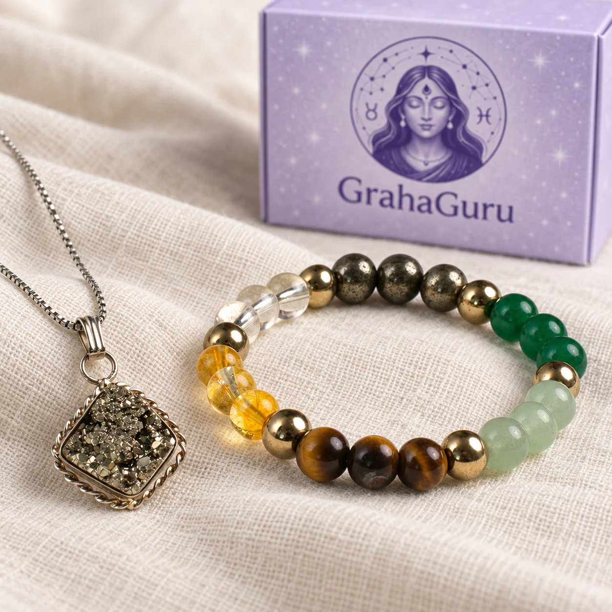 Pyrite, Citrine, Tiger Eye & Jade Bracelet with Raw Pyrite Pendant 3