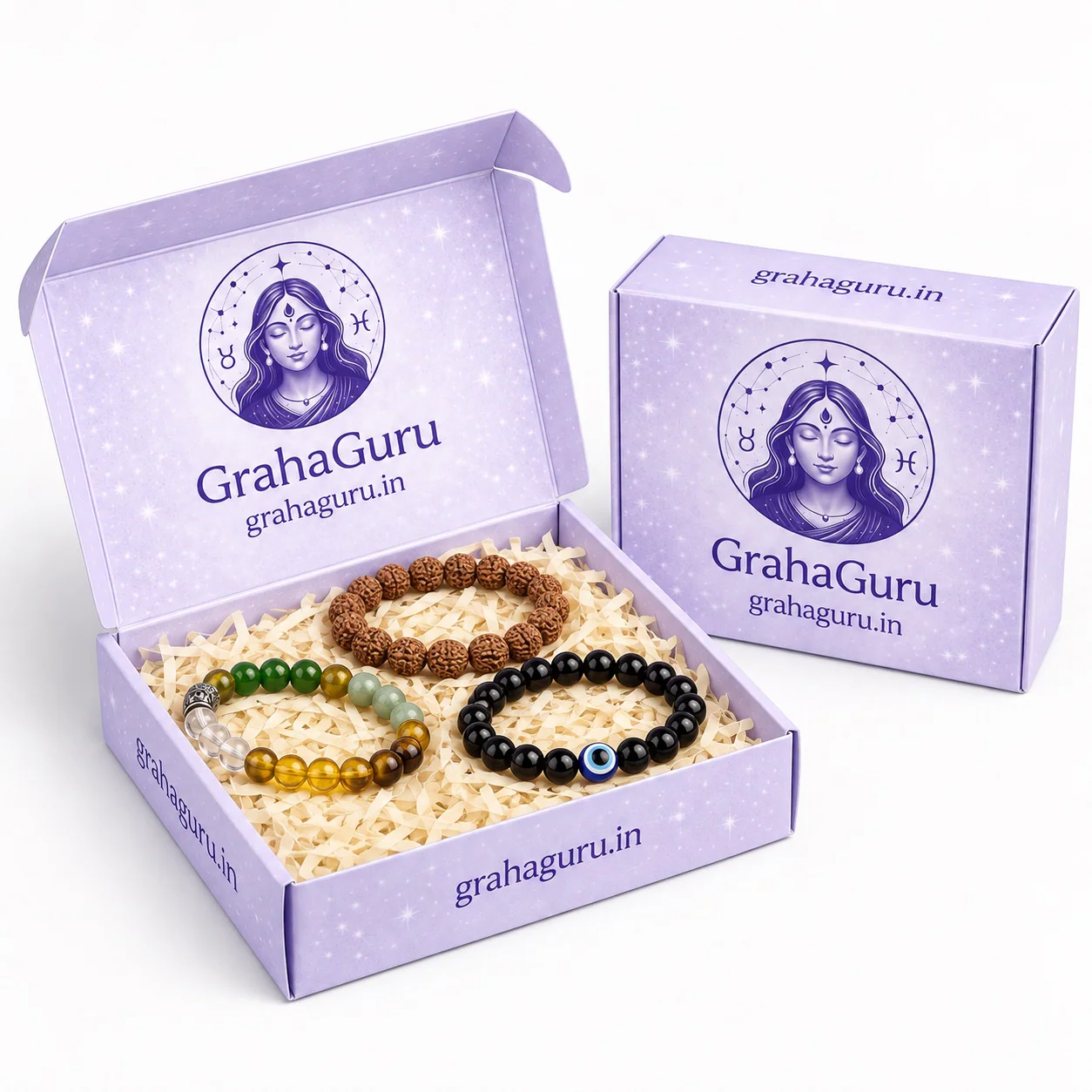 Rudraksha, Gemstone & Blue Eye Bead Bracelet Set