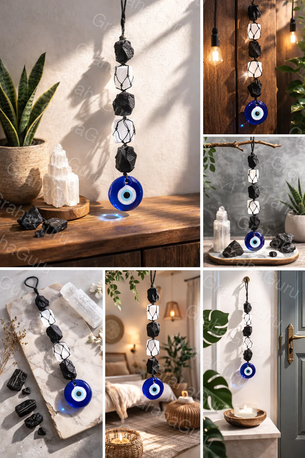 Black Tourmaline, Selenite & Blue Eye Bead Hanging 2