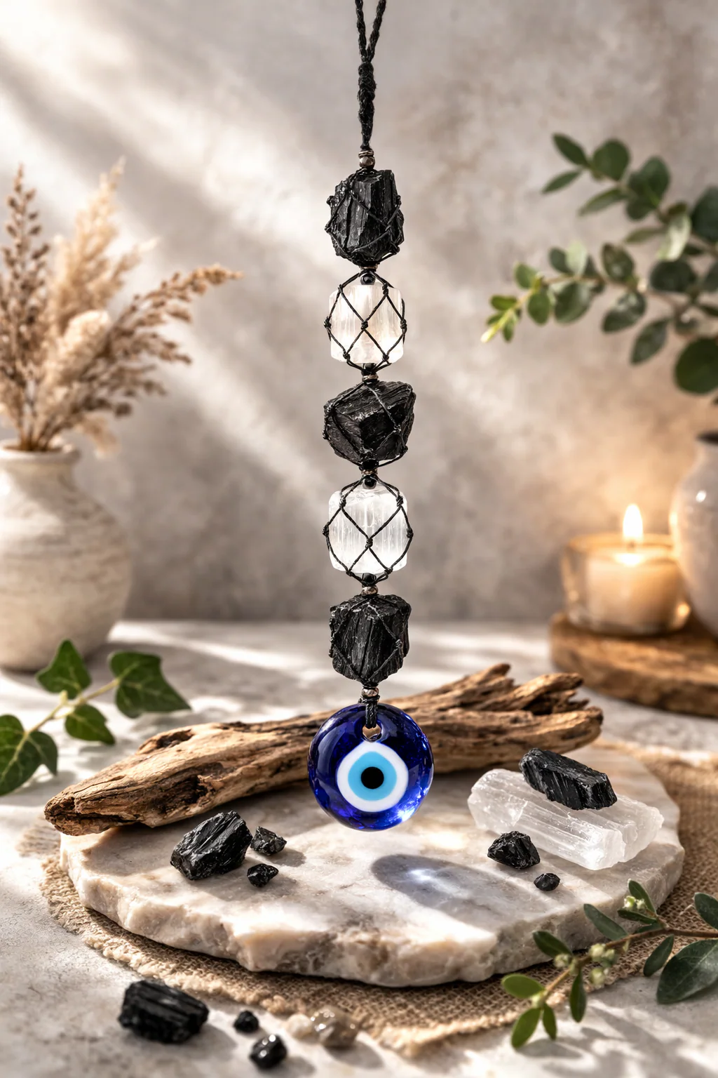 Black Tourmaline, Selenite & Blue Eye Bead Hanging 5