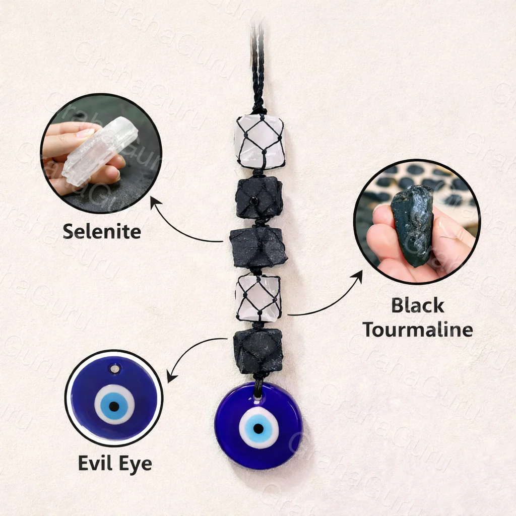 Black Tourmaline, Selenite & Blue Eye Bead Hanging 3