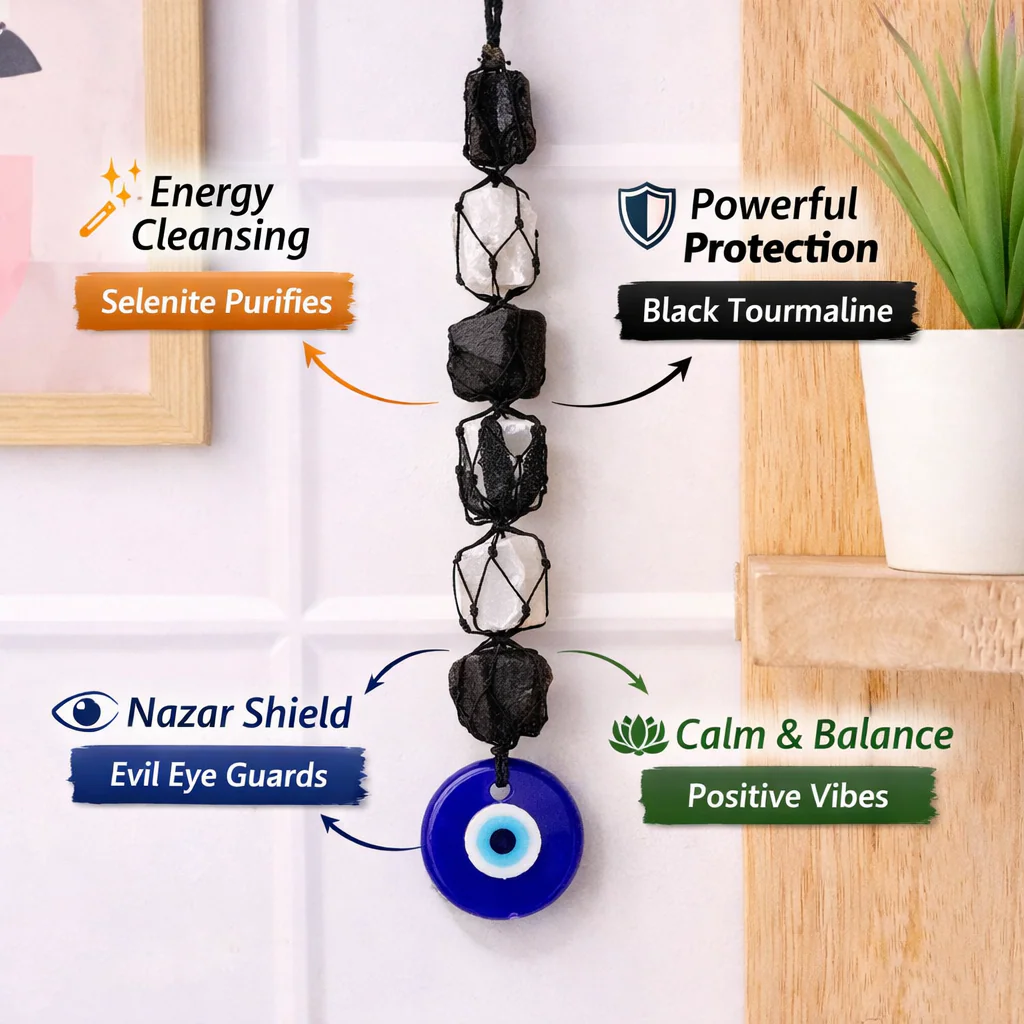 Black Tourmaline, Selenite & Blue Eye Bead Hanging 6